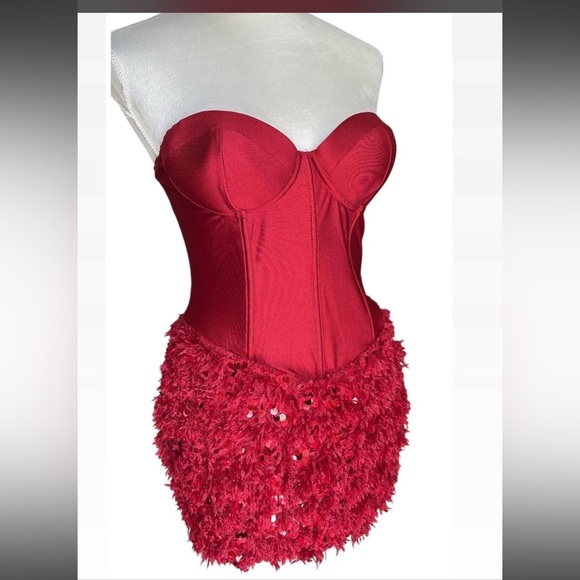 Red sequin Metallic and Faux feather mini dress with corset top - Picture 3 of 5